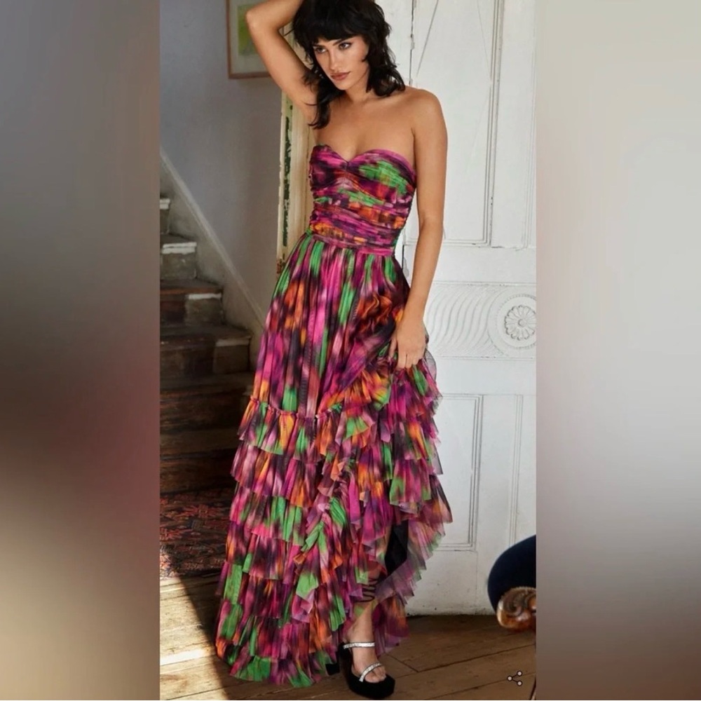 Nasty Gal Floral Print Tulle Bandeau Maxi Dress